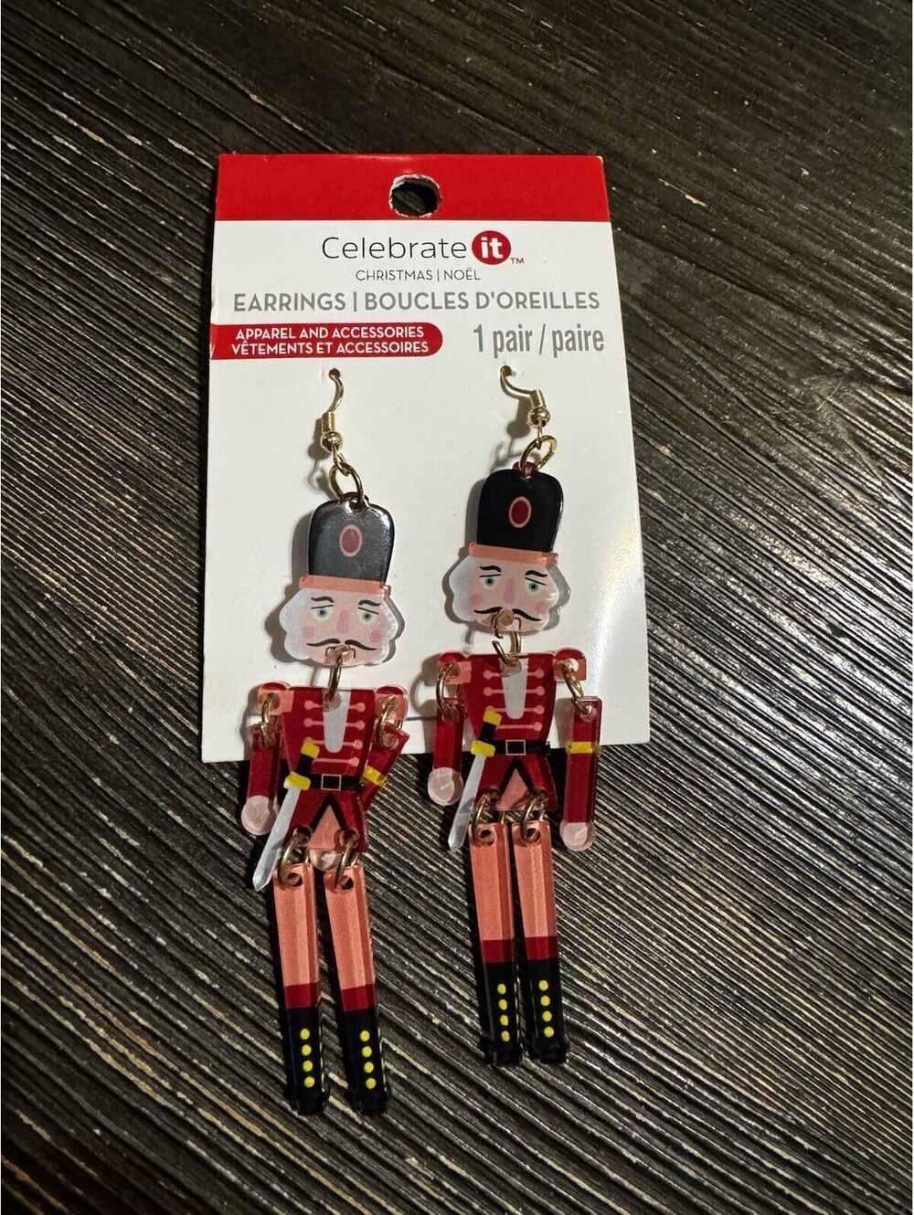 Celebrate It Nutcracker Dangle Earrings Christmas Red Wood Look NWT